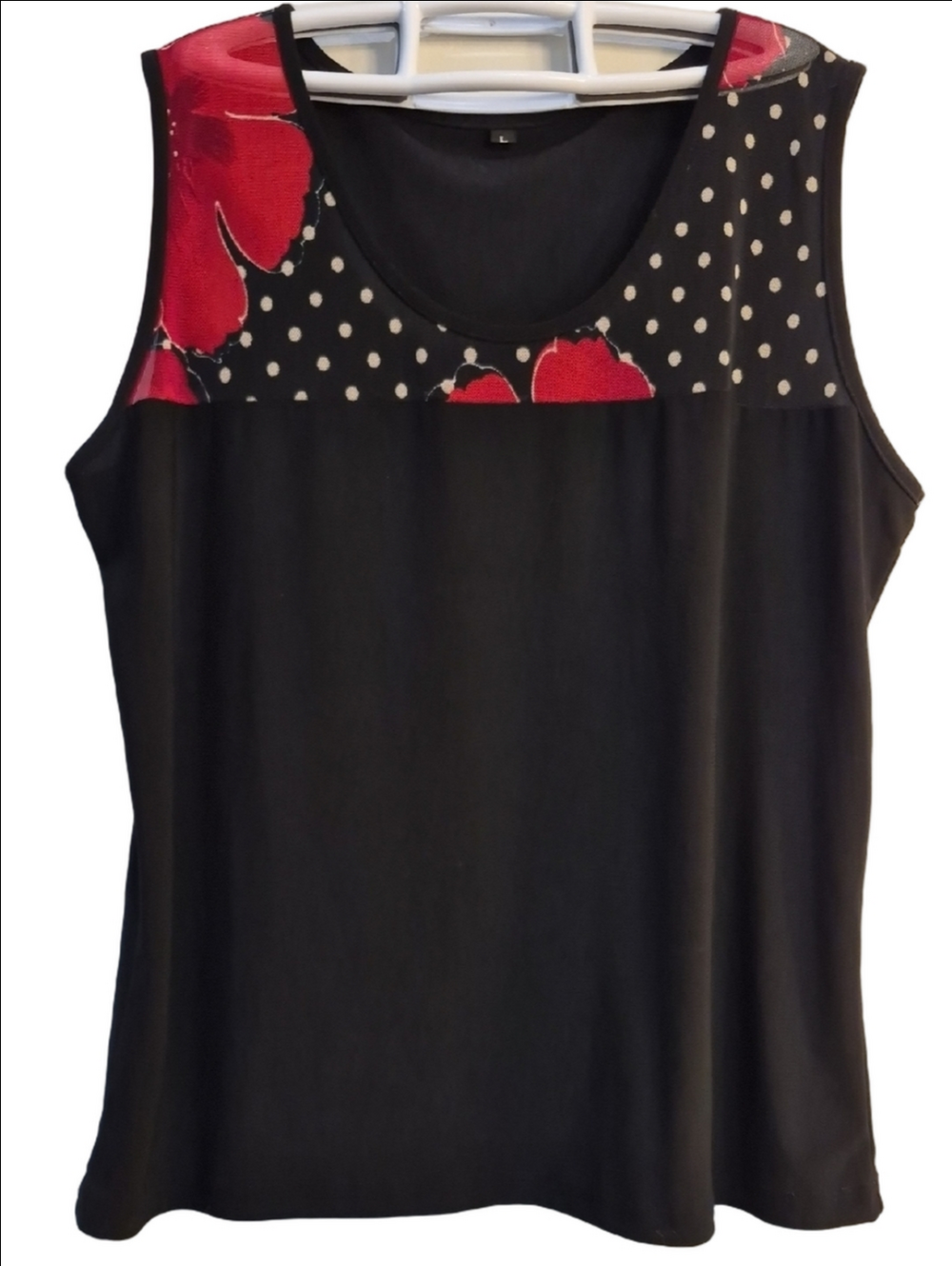 Source Unknown Black Sleeveless Tank with Red FloralYoke And White Polka Dots